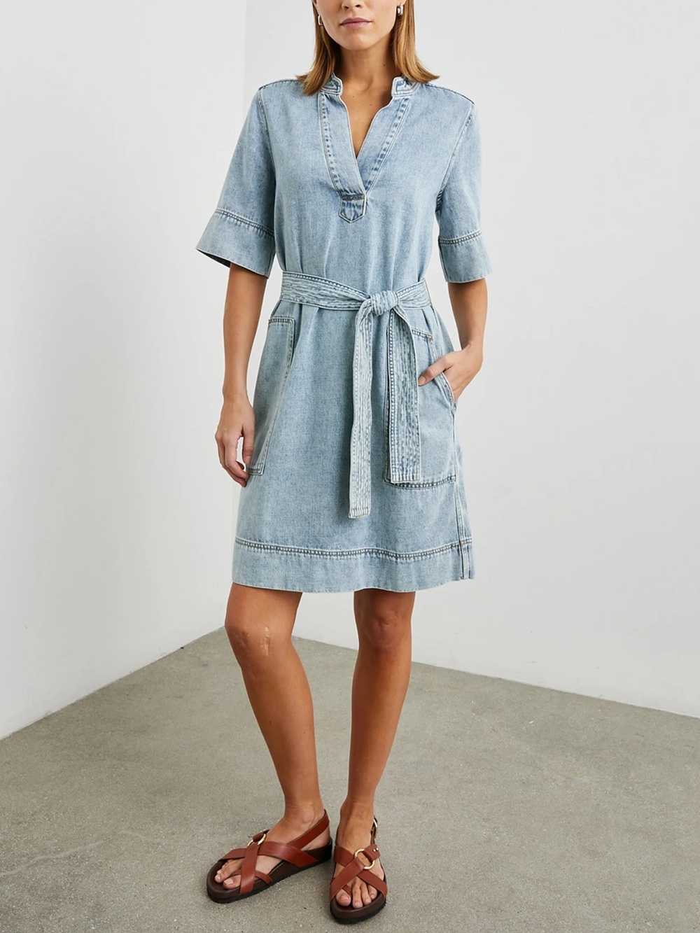 Rails Chancey Denim Belted Dress in Faded Indigo Short Sleeves Pockets Large